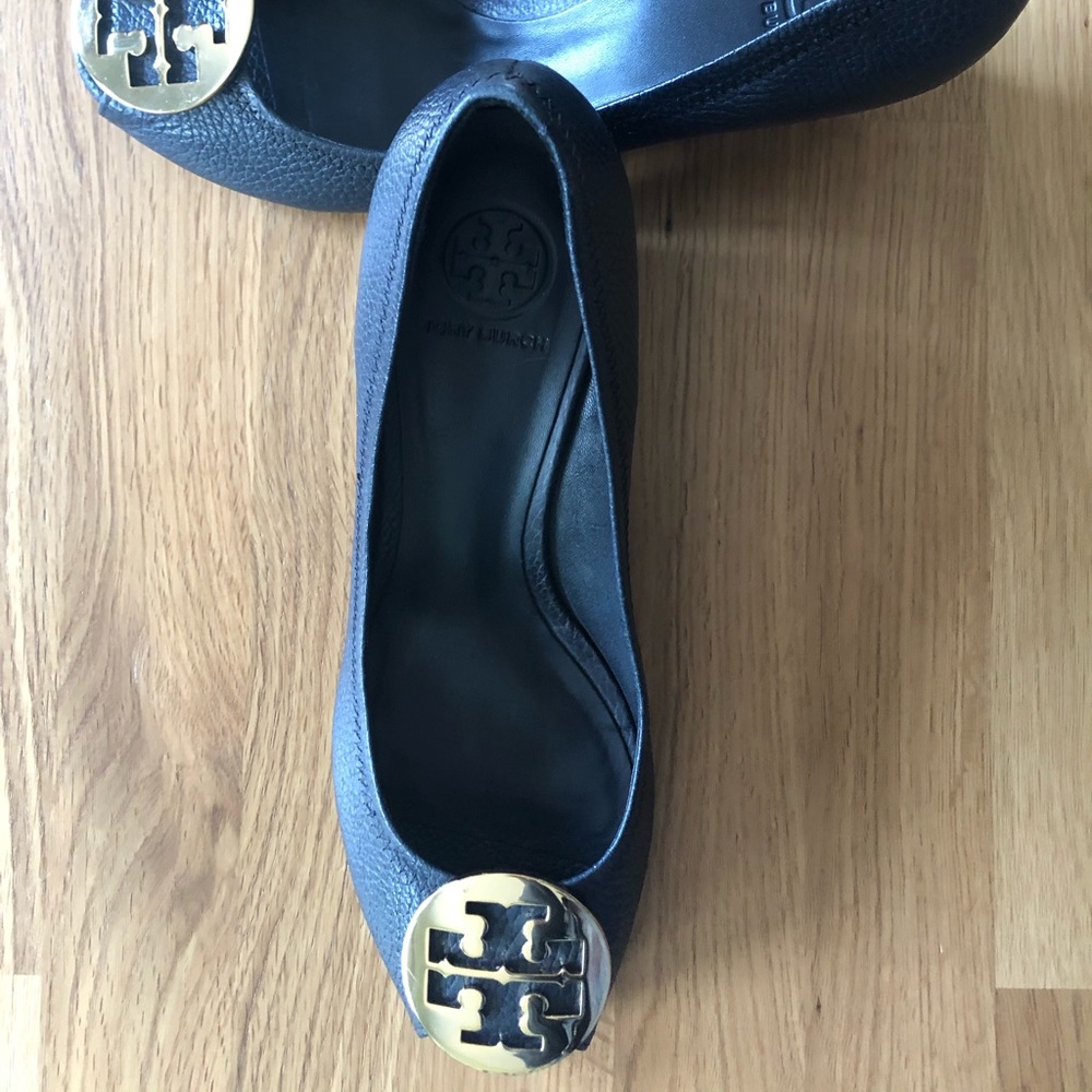 Tory Burch navy wedge peep toe shoes